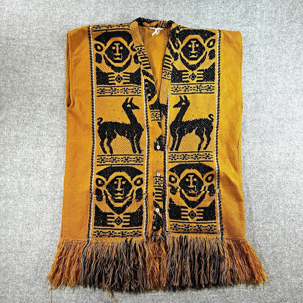 Vintage Peruvian Llama Woven Fringe Vest Mustard Black Andean Folk Art Boho